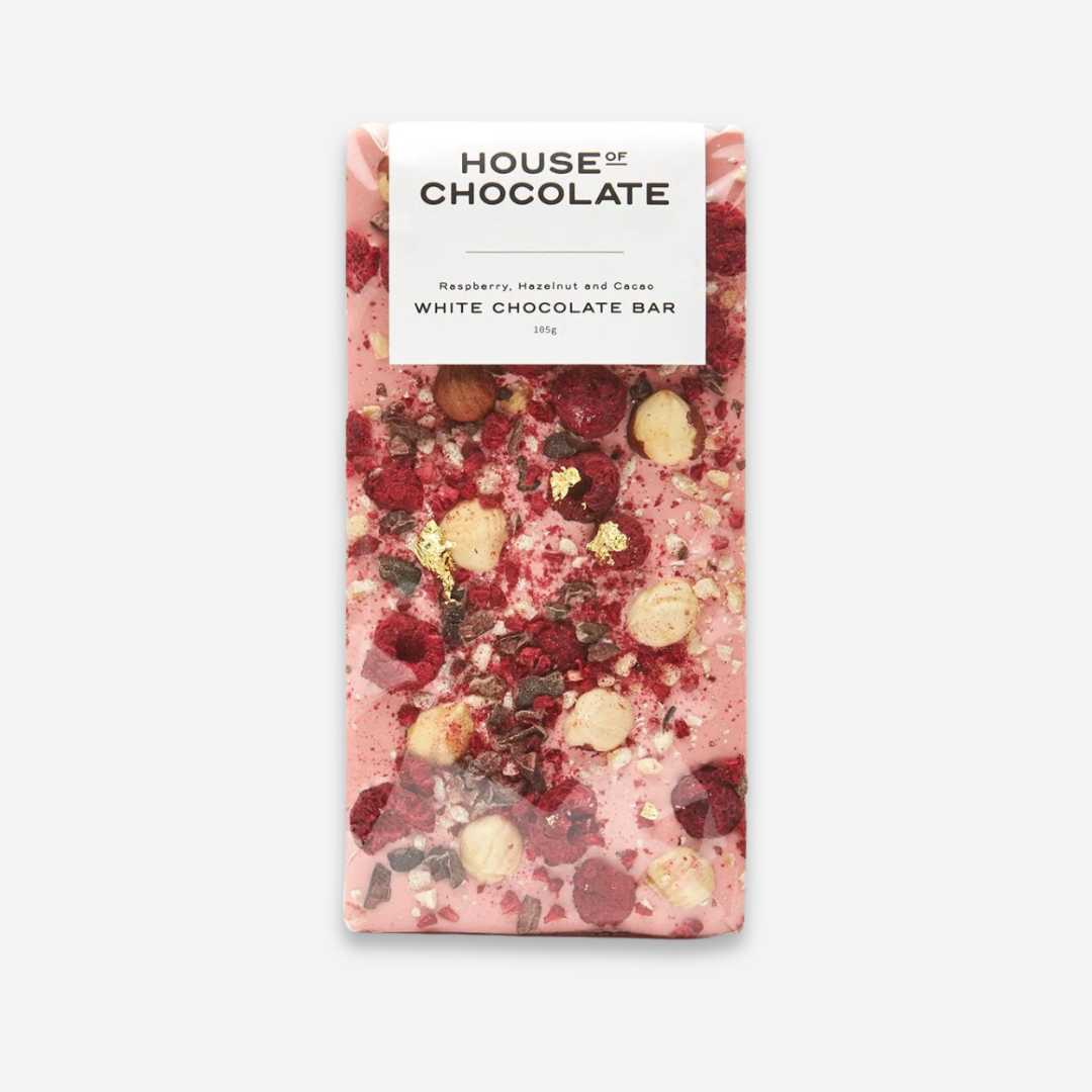 raspberry + hazelnut white choc bar | house of chocolate